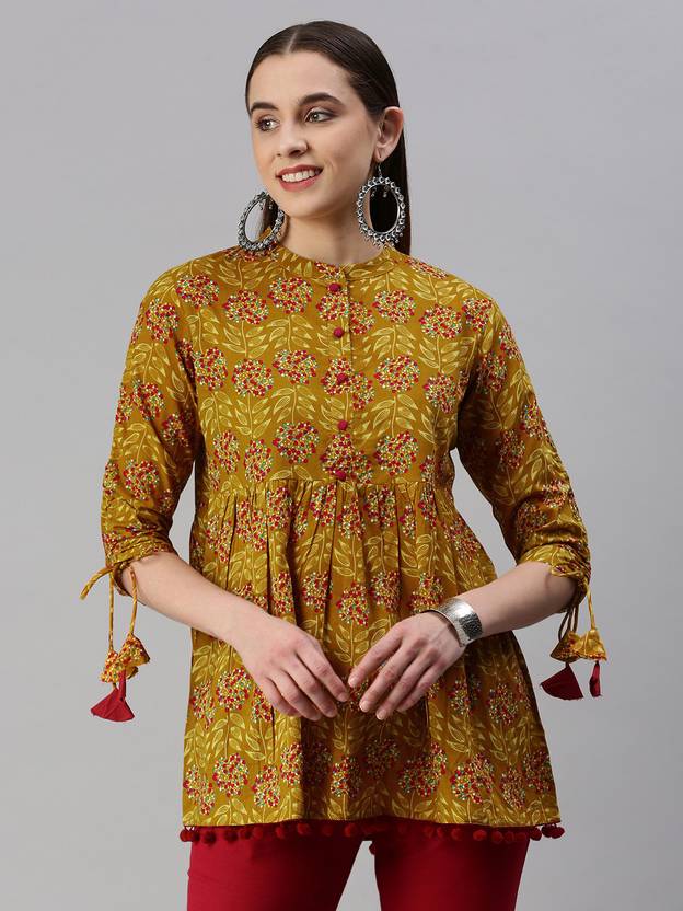 Casual Regular Sleeves Floral Print Women Yellow Top
