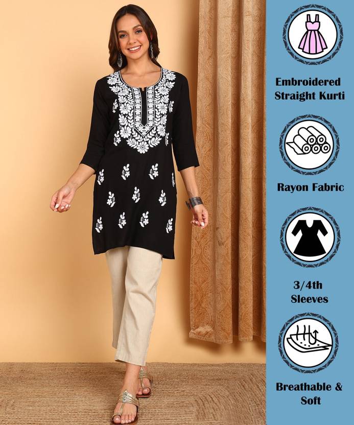 Women Chikan Embroidery, Embroidered, Self Design Viscose Rayon Straight Kurta